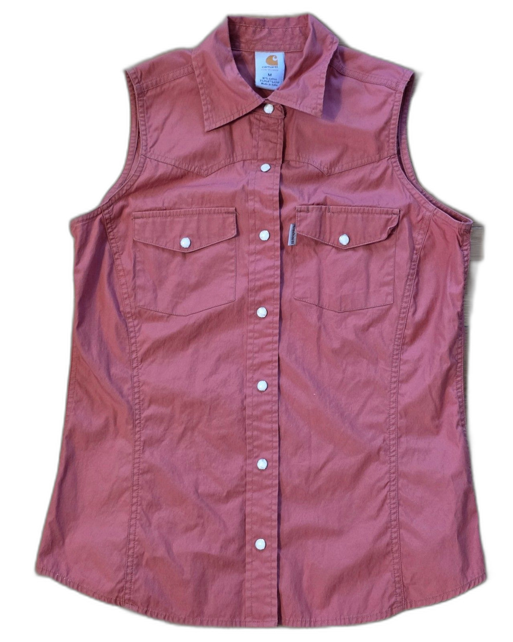 Carhartt For Women Sleeveless Pearl Snaps Shirt Size Medium Pockets Coral Orange
